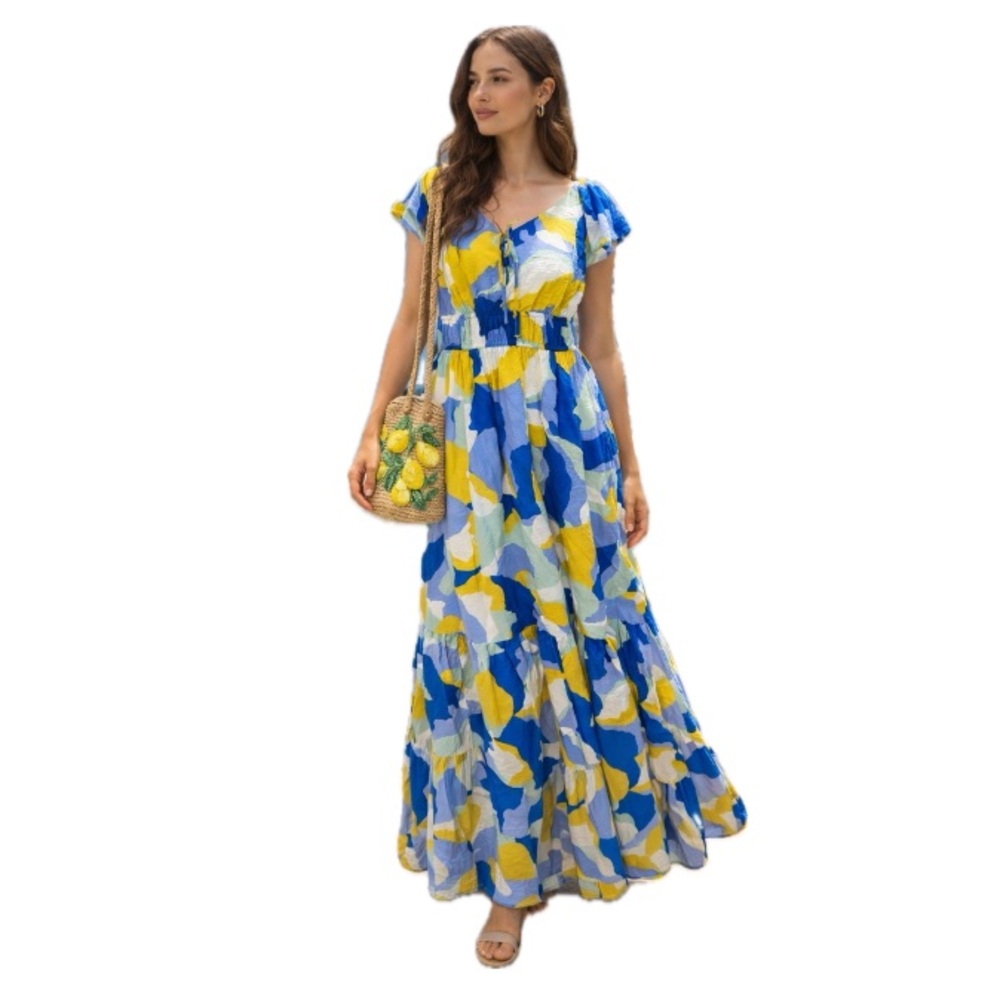 Nine West, flutter sleeve Vibrant Blue and Yellow Women's Maxi Dress, Size L